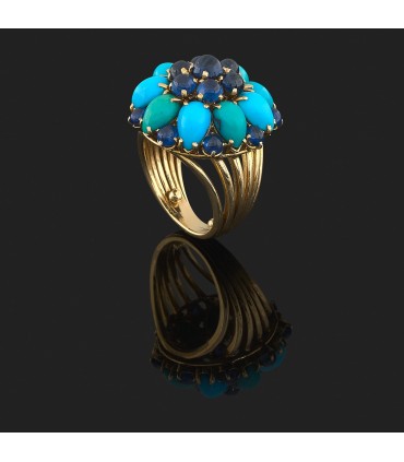 Bague or, saphirs et turquoises