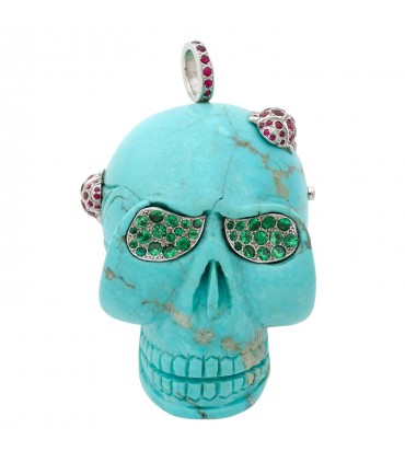 Garnazelle turquoise, tsavorites, rubies and 18k gold pendant