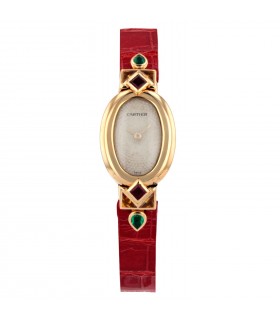 Cartier Baignoire rubies, emeralds and gold watch