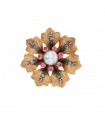 Natural pearl, red stones, diamonds and gold brooch