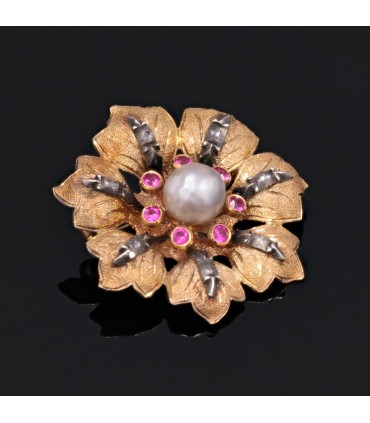 Natural pearl, red stones, diamonds and gold brooch