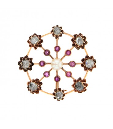 Broche or, rubis, perle et diamants