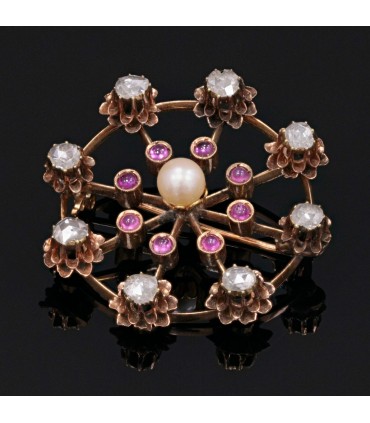 Broche or, rubis, perle et diamants