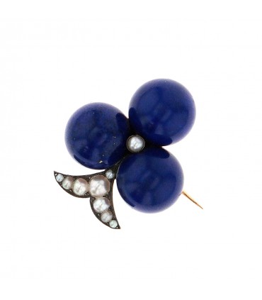 Broche Trèfle or, argent, lapis lazuli et perles