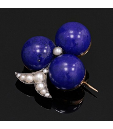 Broche Trèfle or, argent, lapis lazuli et perles