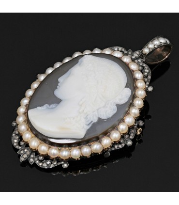 Cameo, cultured pearls, gold and silver pendant