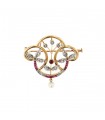 Red stones, pearl, diamonds and gold brooch