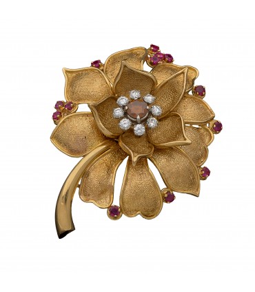 Broche or, diamants et rubis