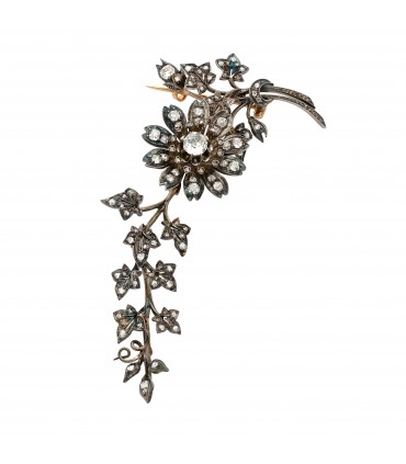 Broche trembleuse or, argent et diamants