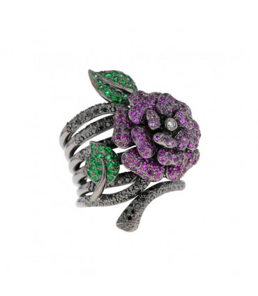 Rubies, tsavorite garnet, black diamonds and gold ring