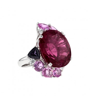 Rubellite, pink sapphires, diamonds and gold ring