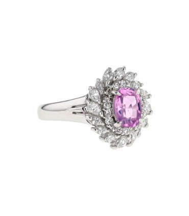 Pink sapphire, diamonds and platinum ring