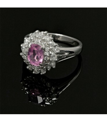 Pink sapphire, diamonds and platinum ring