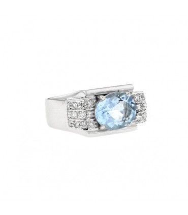 Bague tank or, aigue-marine et diamants