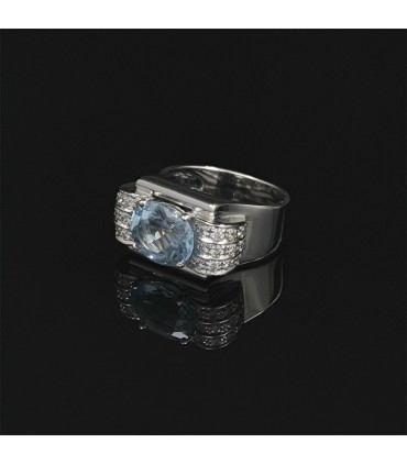 Bague tank or, aigue-marine et diamants