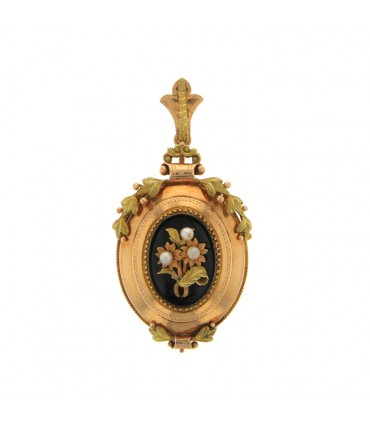 Broche pendentif or, onyx et perles