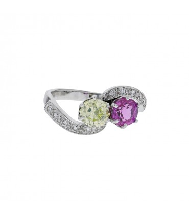 Diamonds, yellow diamond, pink sapphire and gold ring