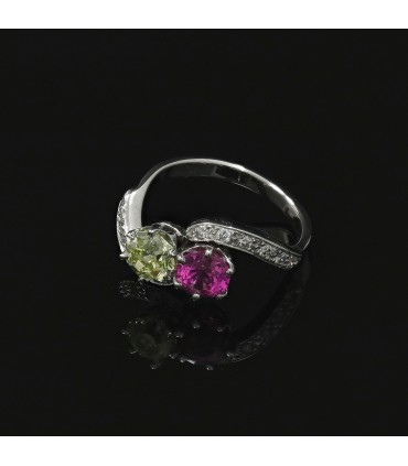 Bague toi & moi or, diamants, diamant jaune et saphir rose