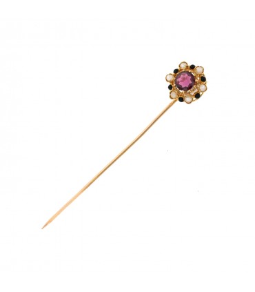 Amethyst, cultured pearls, enamel and gold pin