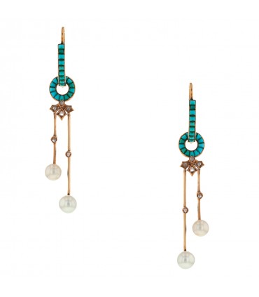 Boucles d’oreilles or, diamants, perles et turquoises