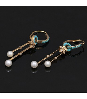 Boucles d’oreilles or, diamants, perles et turquoises