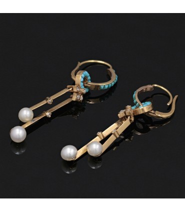 Boucles d’oreilles or, diamants, perles et turquoises