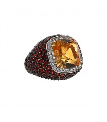 Bague or, diamants, grenats et citrine