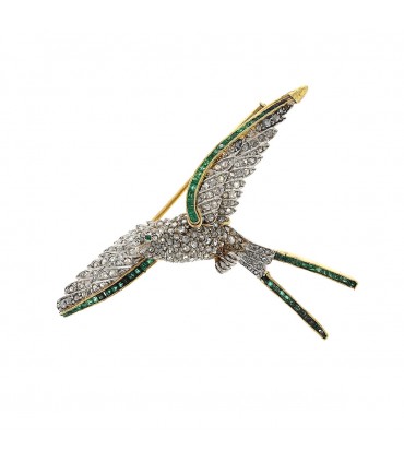 Broche oiseau or, platine, diamants et émeraudes