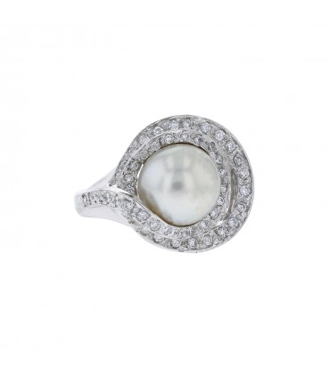 Diamonds, cultured pearl and platinum ring