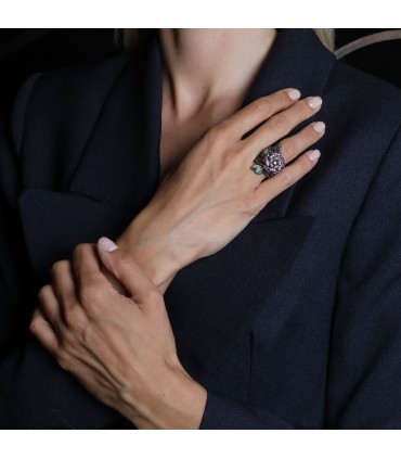 Rubies, tsavorite garnet, black diamonds and gold ring