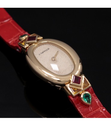 Cartier Baignoire rubies, emeralds and gold watch