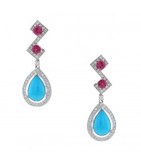 Boucles d’oreilles or, diamants, turquoises et saphirs roses