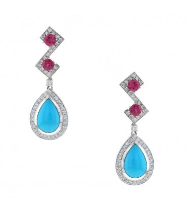 Diamonds, pink sapphires, turquoises and 18k gold earrings
