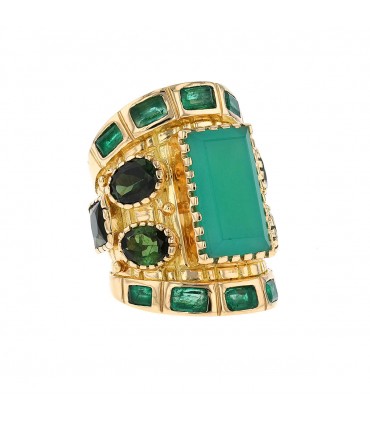 Emeralds, green chalcedony, and gold ring