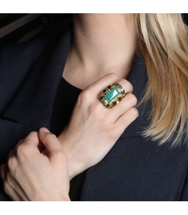 Emeralds, green chalcedony, and gold ring