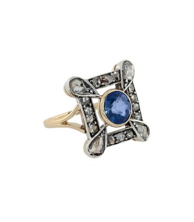 Bague or, argent, pierre bleue et diamants