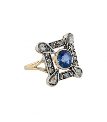 Bague or, argent, pierre bleue et diamants