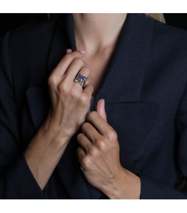 Blue stone, diamonds, 18k gold and silver ring