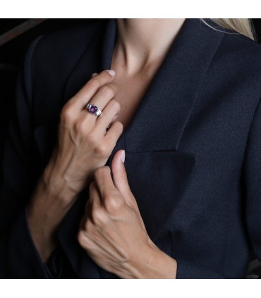 Amethyst, diamonds and platinum ring