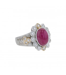 Diamonds, ruby, gold and platinum ring