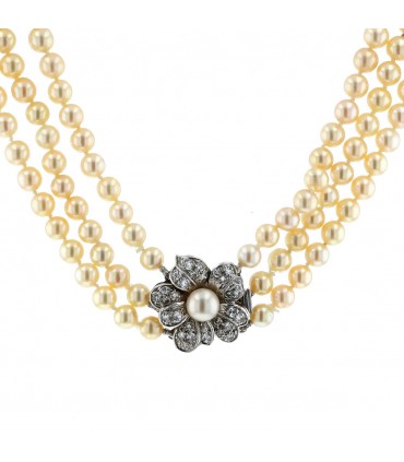 Cultured pearls, diamonds and gold necklace