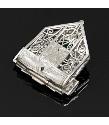 Broche clip en platine, diamants et émeraude