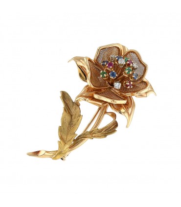 Broche fleur or, rubis, émeraudes, saphirs et diamants