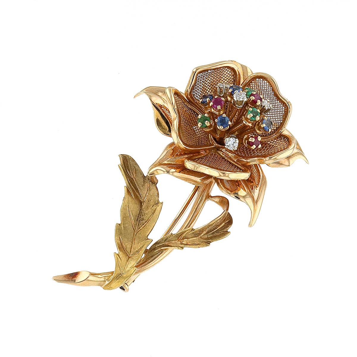 Broche fleur or, rubis, émeraudes, saphirs et diamants