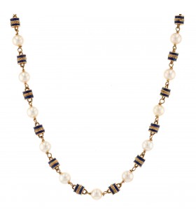 Cultured pearl, enamel and gold necklace