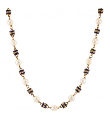 Cultured pearl, enamel and gold necklace