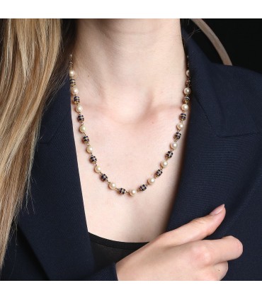 Cultured pearl, enamel and gold necklace