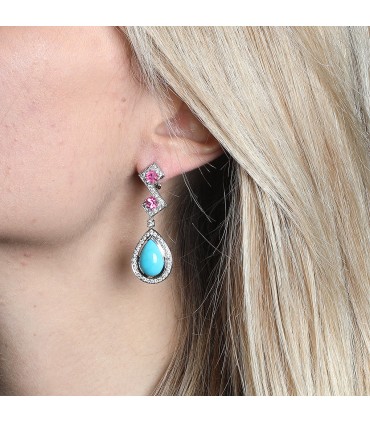 Boucles d’oreilles or, diamants, turquoises et saphirs roses