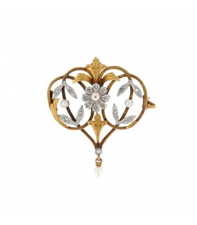 Art nouveau diamonds and gold brooch pendant