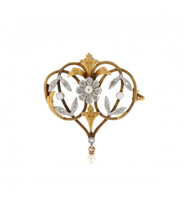 Art nouveau diamonds and gold brooch pendant